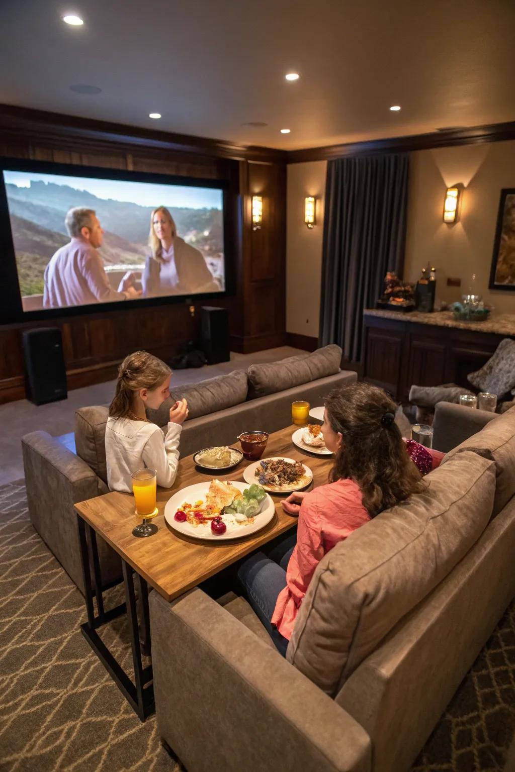 A home theater dining area offers a cinematic dining experience.