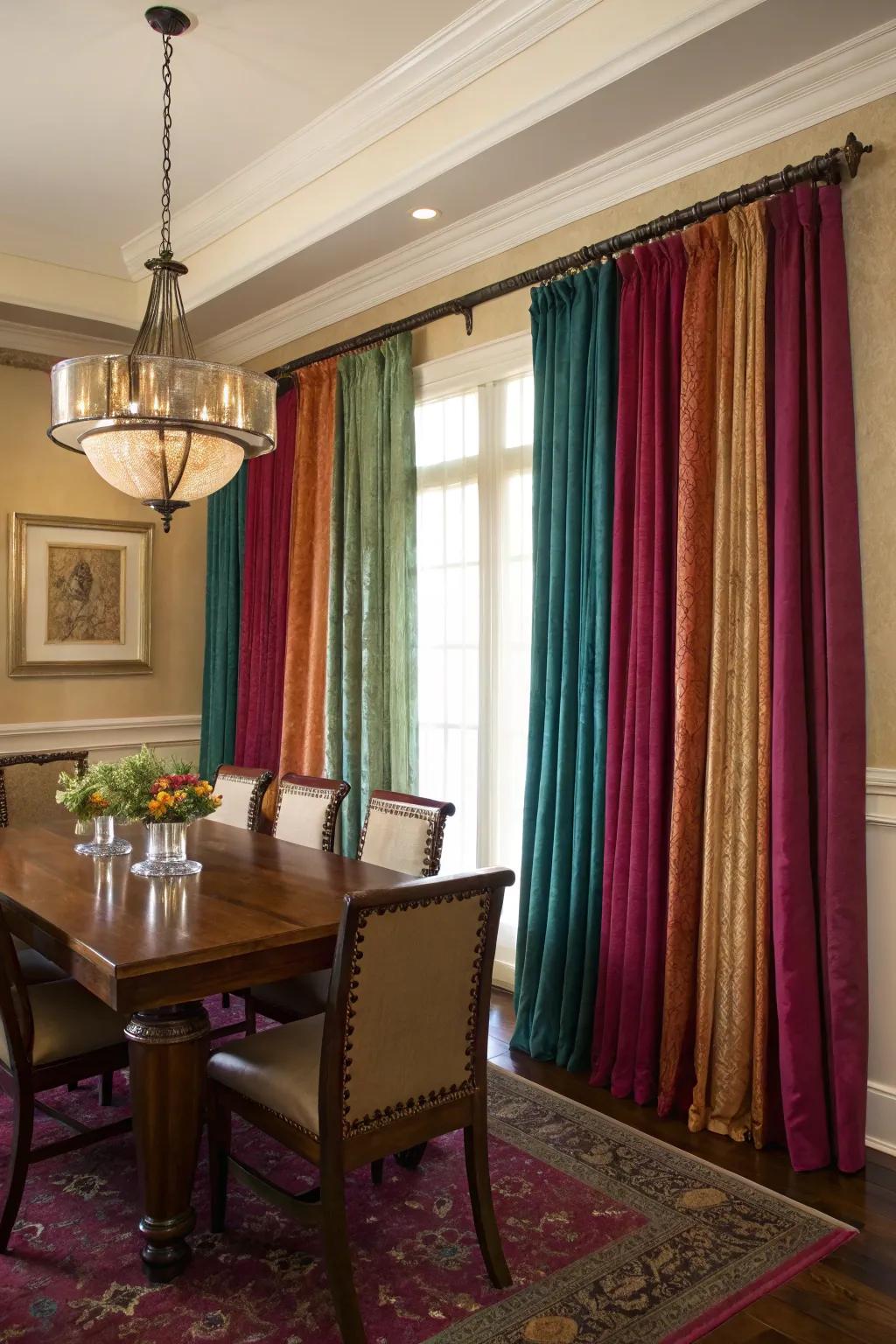 Jewel-toned curtains adding luxury to the dining room.