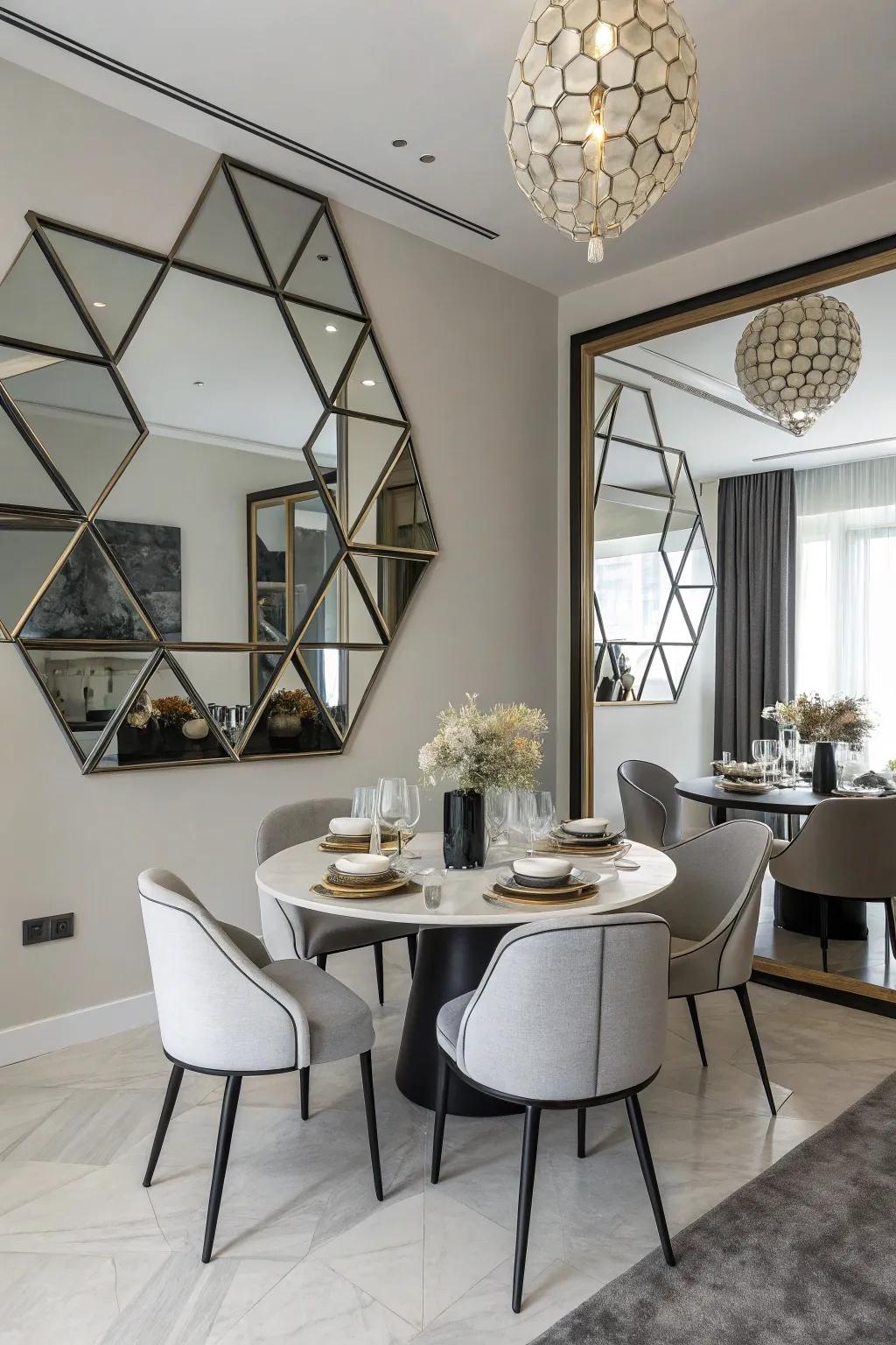 Geometric mirrors introduce a modern flair.