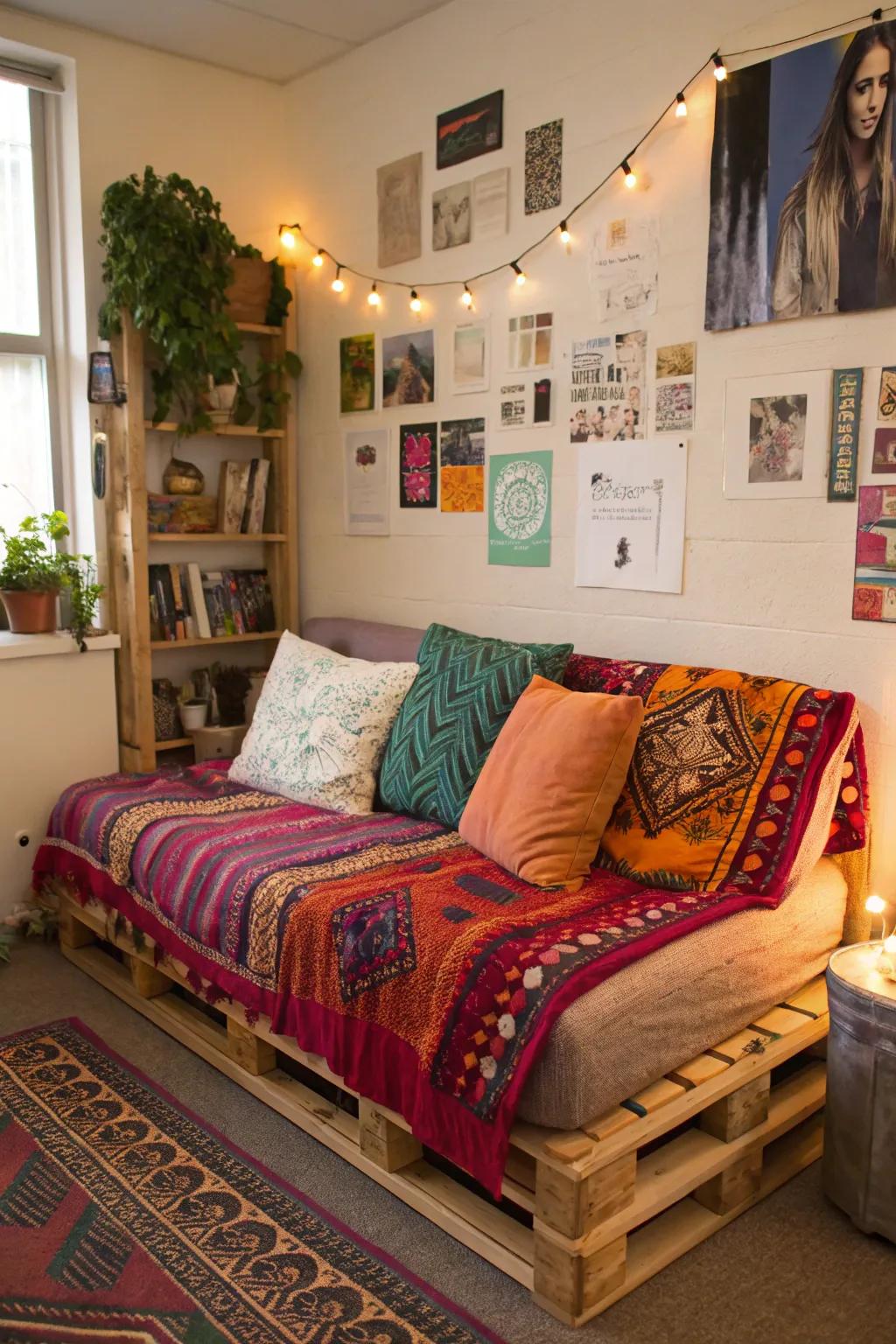 A DIY pallet couch adds a unique, personal touch to this dorm room.