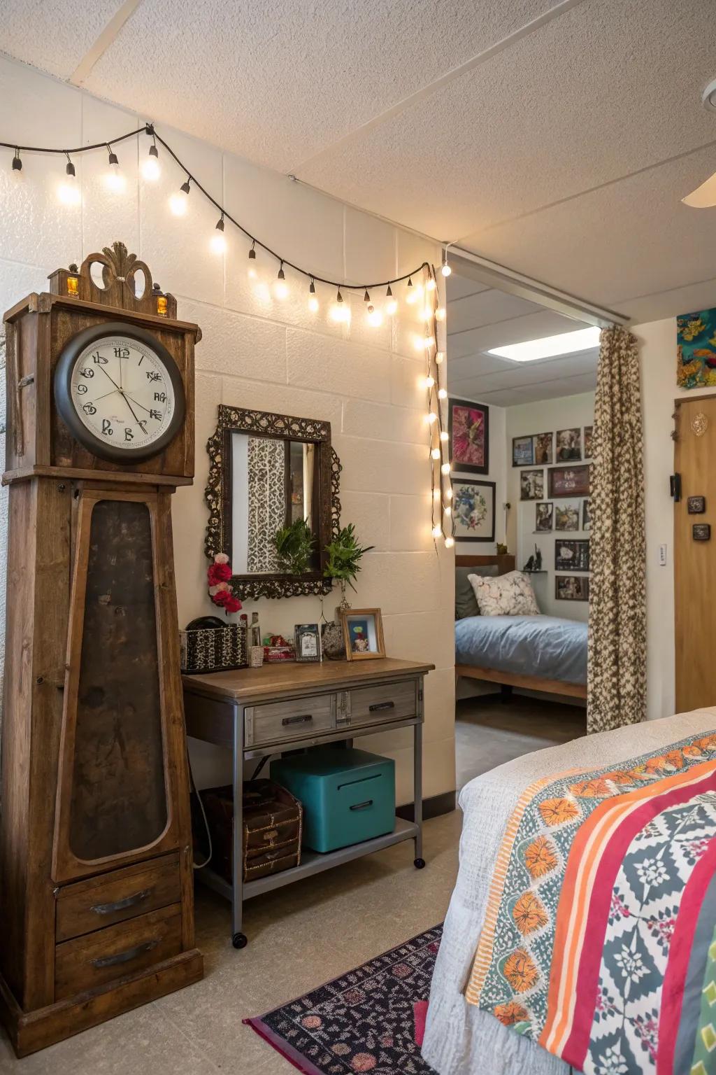 An antique piece adds unique character to the dorm room.