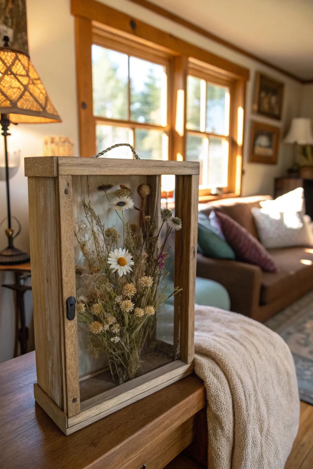 Embrace rustic charm with a wooden-framed dried flower shadow box.