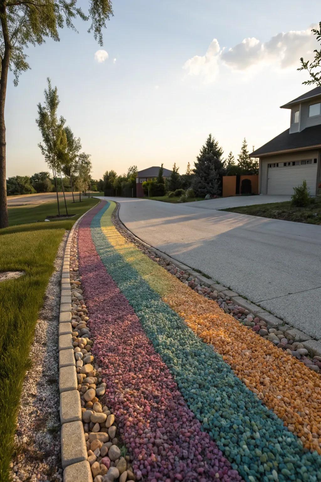 Colorful gravel adds a vibrant touch to this berm.