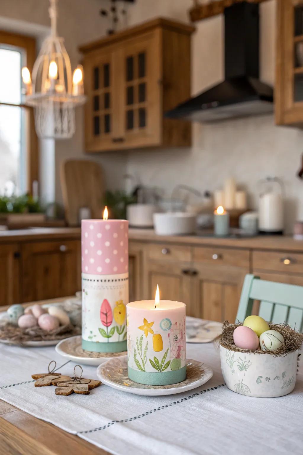 Easter-themed candle holders bring elegance and warmth to the kitchen.