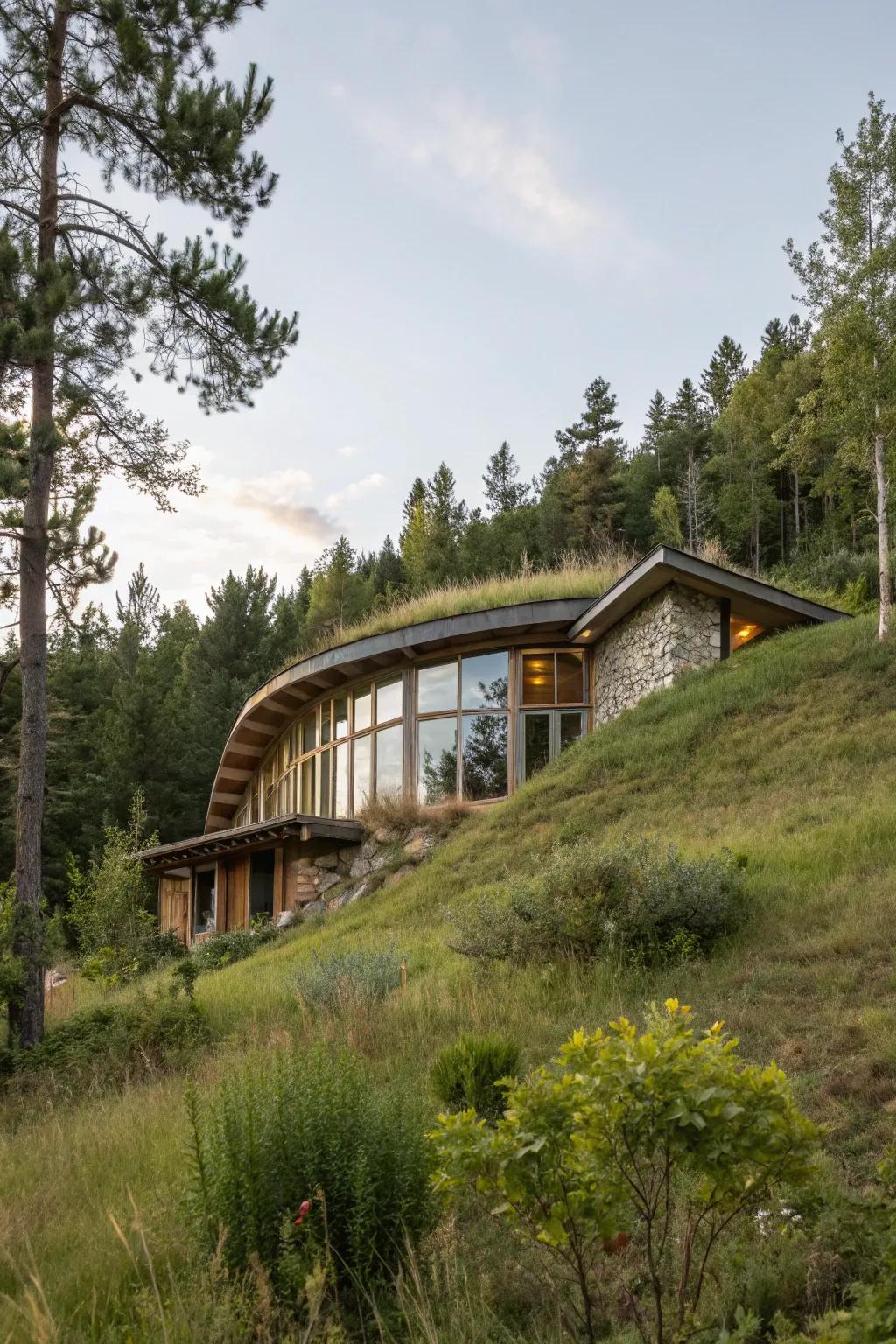 An earth-sheltered home seamlessly integrated into a hillside, showcasing natural harmony.