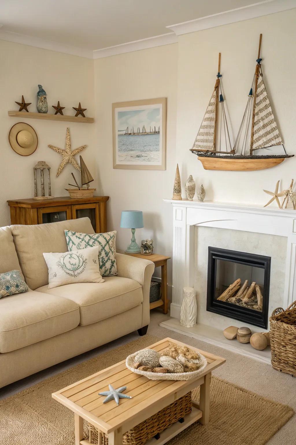 A coastal themed living room with a light-colored fireplace and nautical accents.