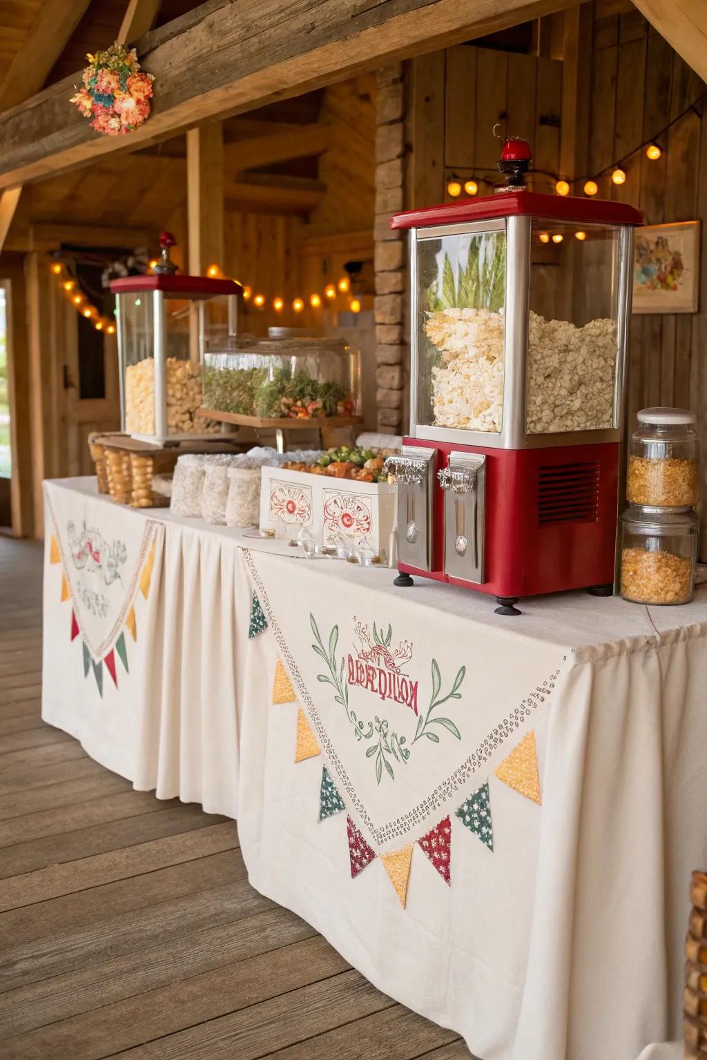 A cozy popcorn bar setup featuring embroidered linens and lace, perfect for a cottage-style wedding.