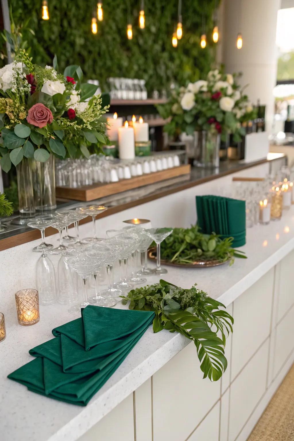 A stylish bar area with emerald green details.