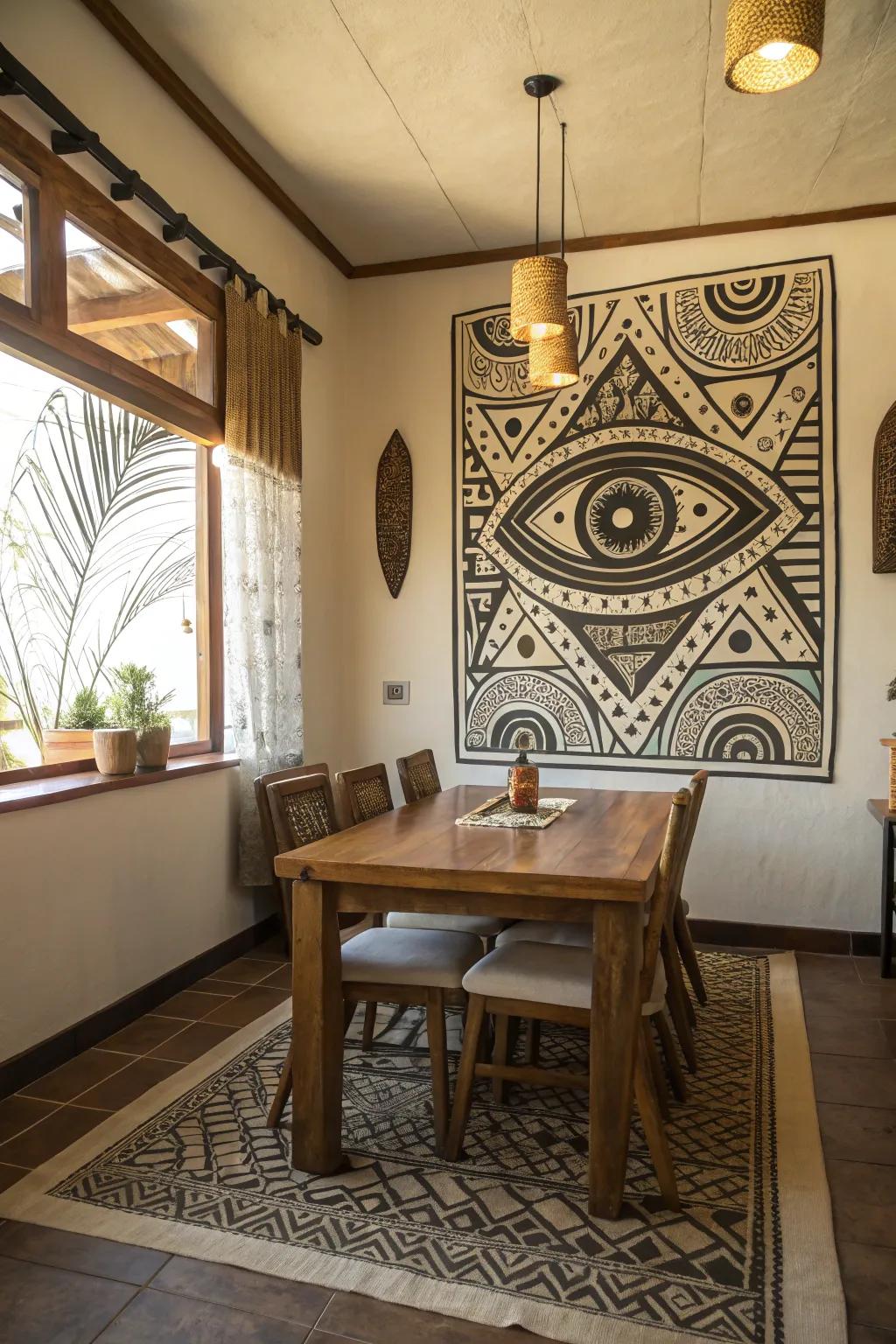 A tribal eye pattern painting that adds an exotic touch to the dining room.