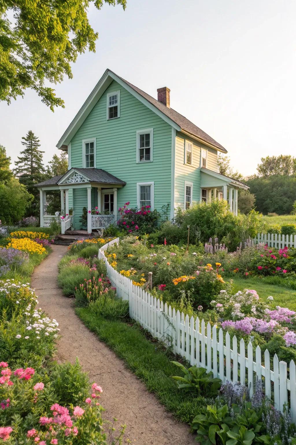 Mint green brings a whimsical and fresh appeal to this farmhouse.