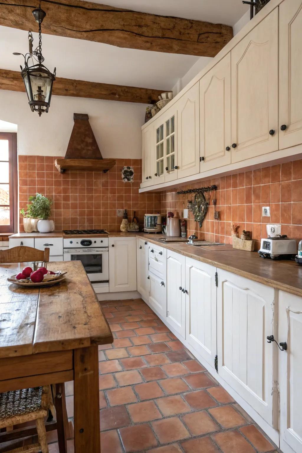Baked-clay pieces add warmth and countryside appeal to this country-style kitchen.