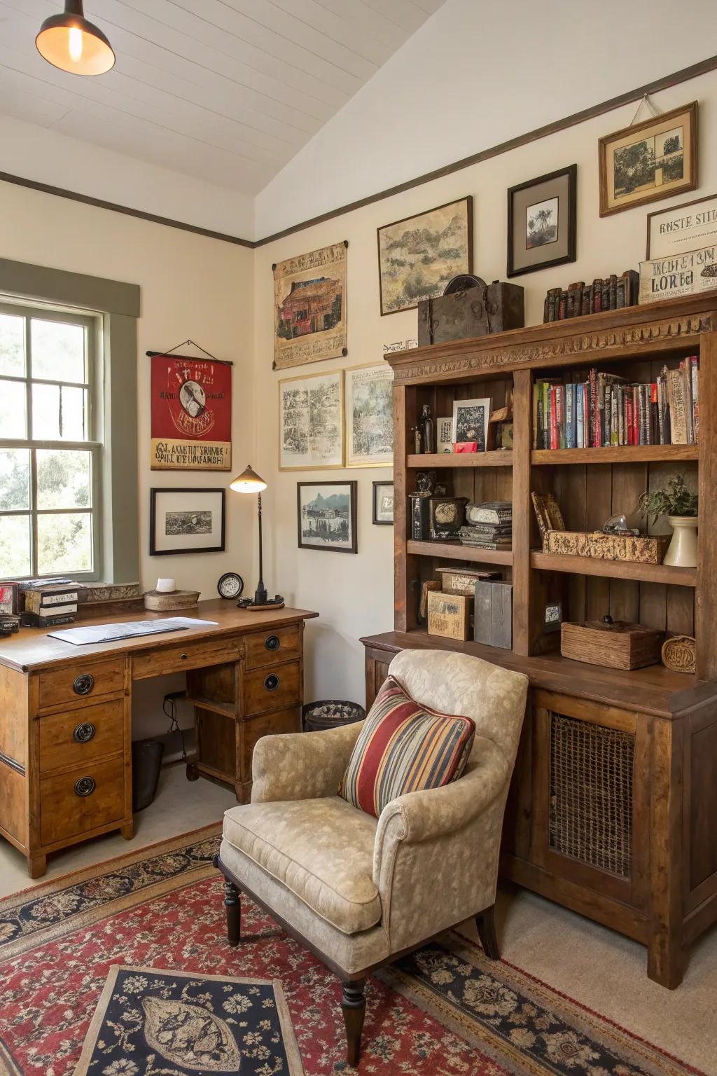 Recycled furniture introduces charm and history.