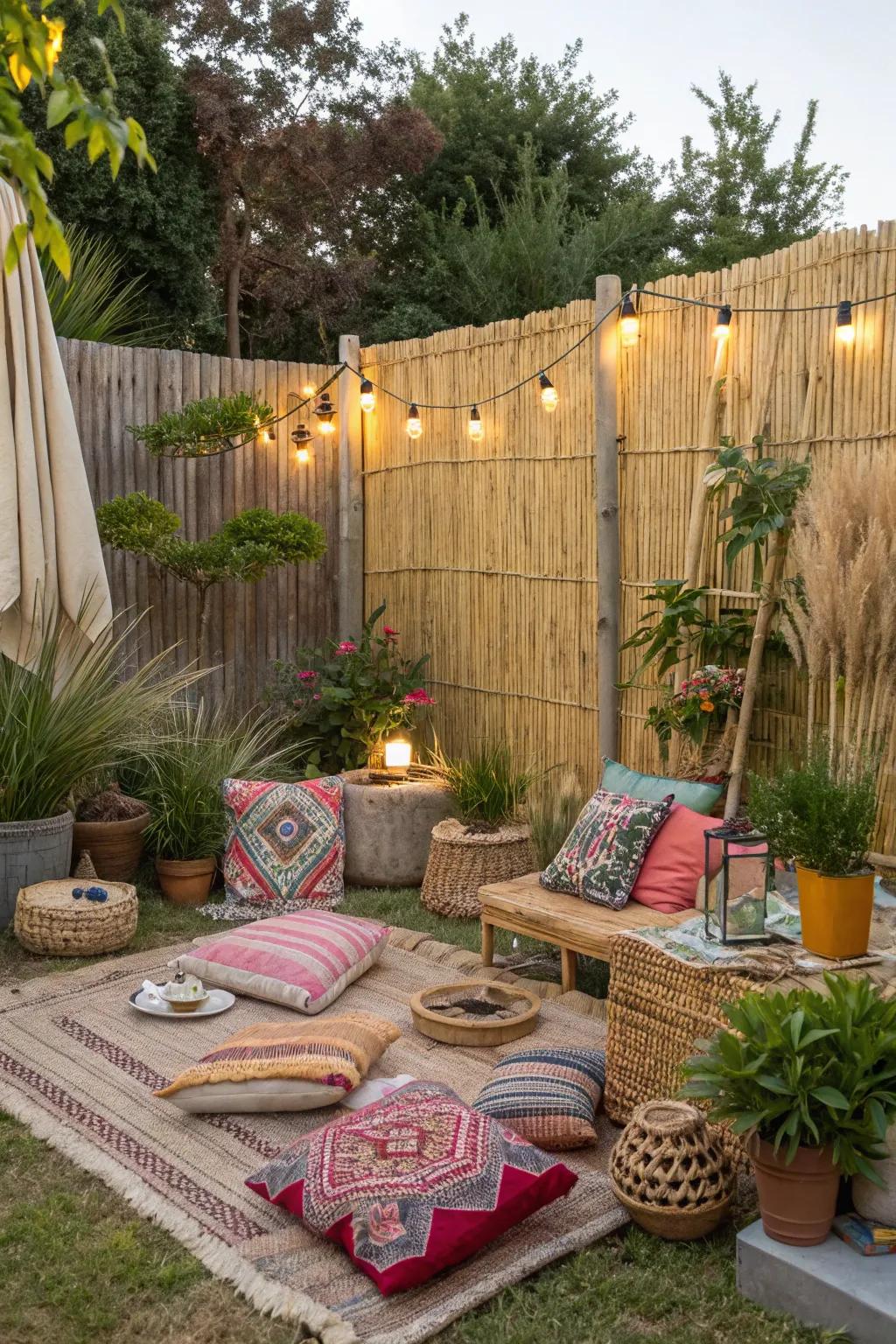 Cane fences provide a laid-back, bohemian vibe.