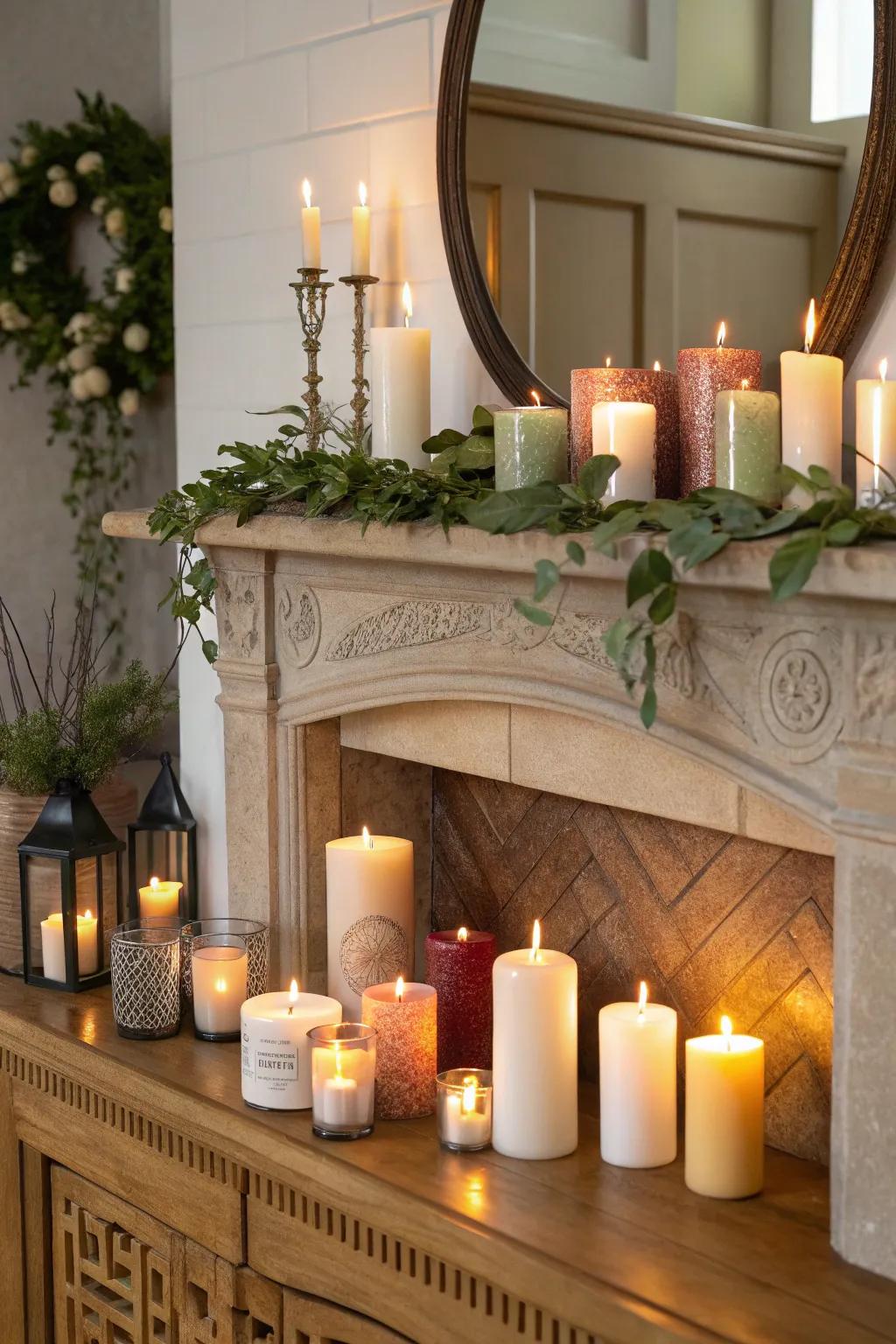 A mantel adorned with aromatic candles, enhancing the room's ambiance.