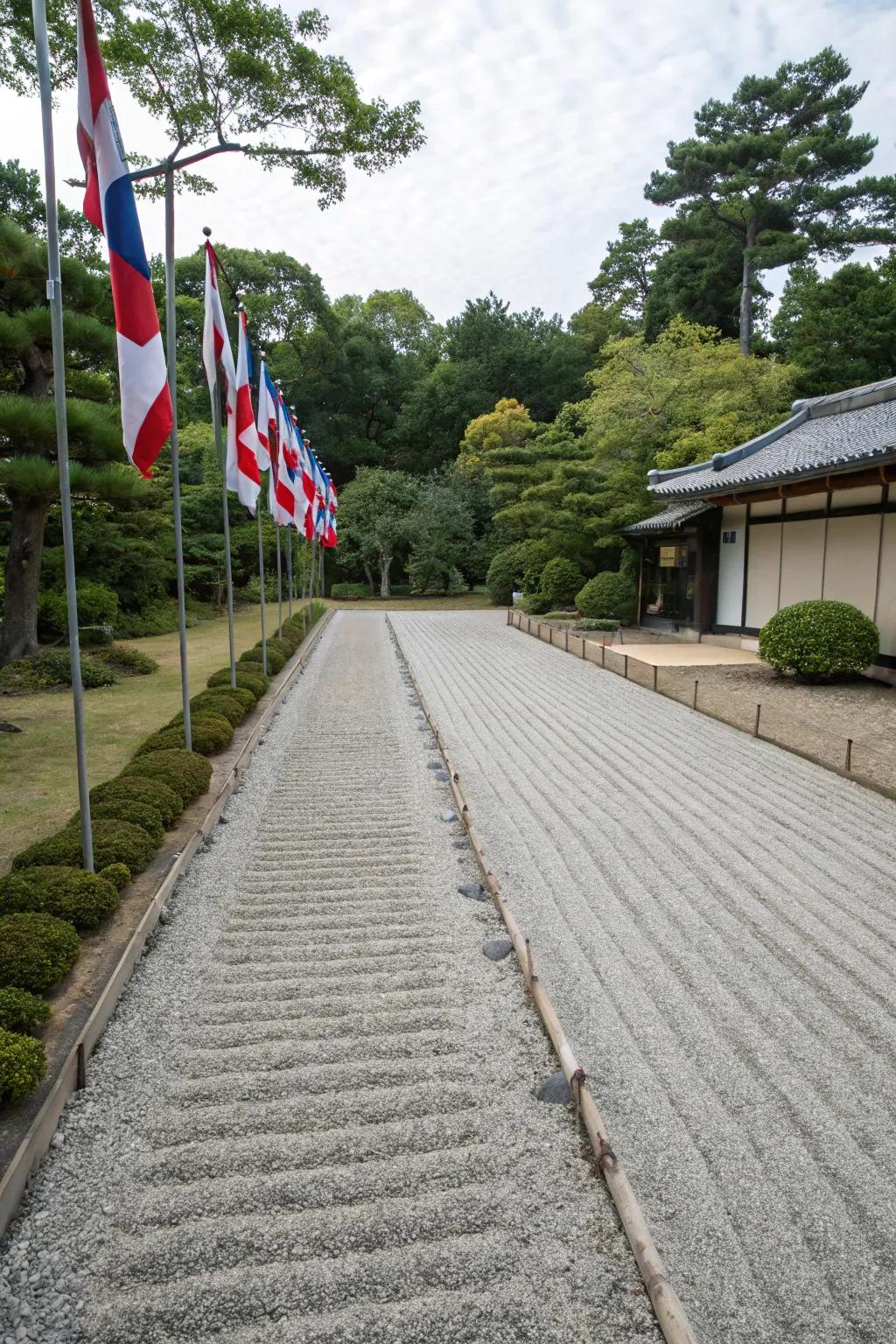 A zen garden path adding tranquility to a flag lot driveway.