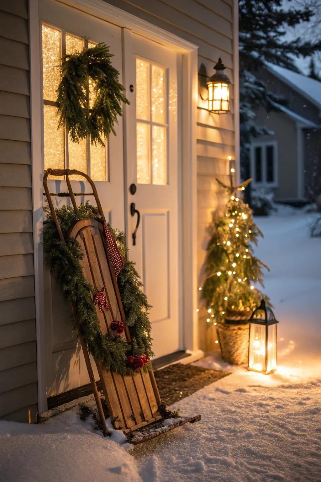 A vintage sled brings nostalgic winter charm.