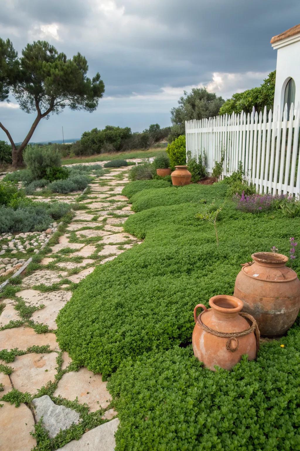 Thyme and clover create a lush, sustainable alternative to traditional grass.