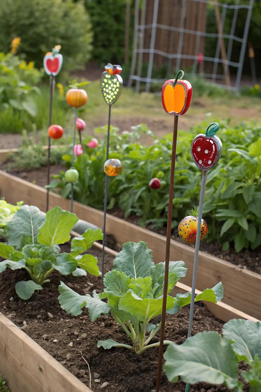 Fruit-themed posts adding color and whimsy to the garden.