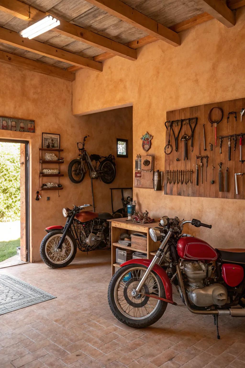 Terracotta tones create a warm and inviting garage atmosphere.