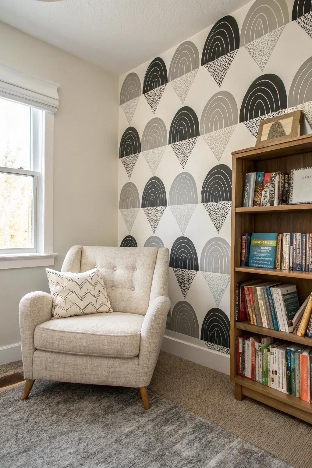 A reading nook with sophisticated layered geometric wall patterns.