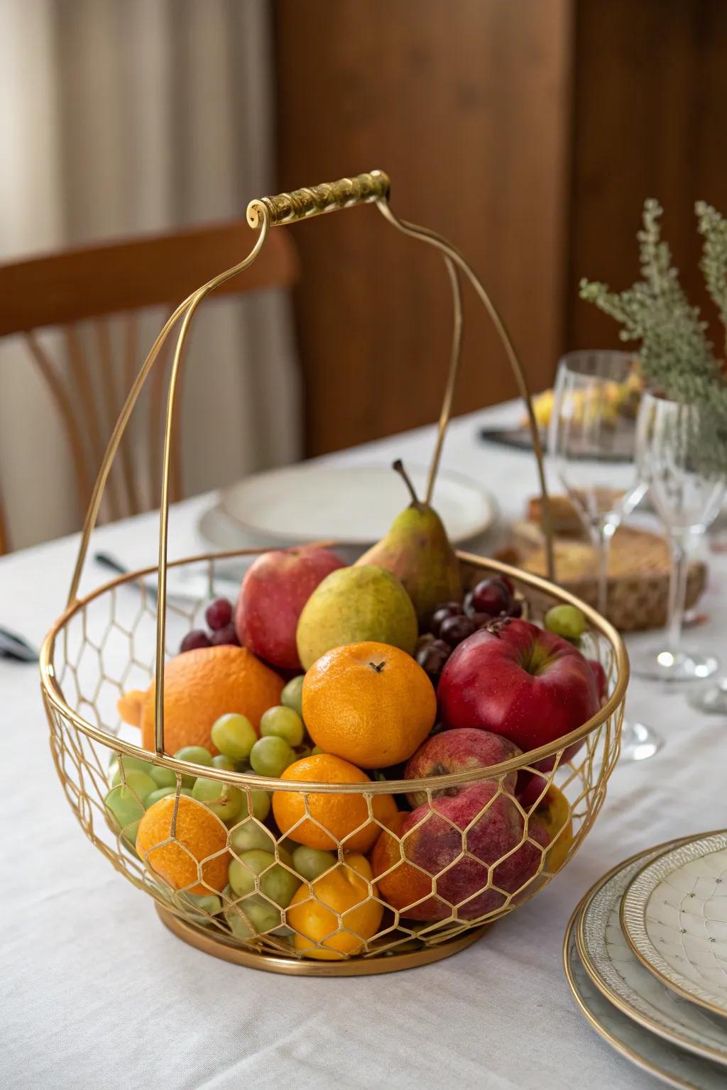 Lively gilded wire basket focal point displaying seasonal fruits.