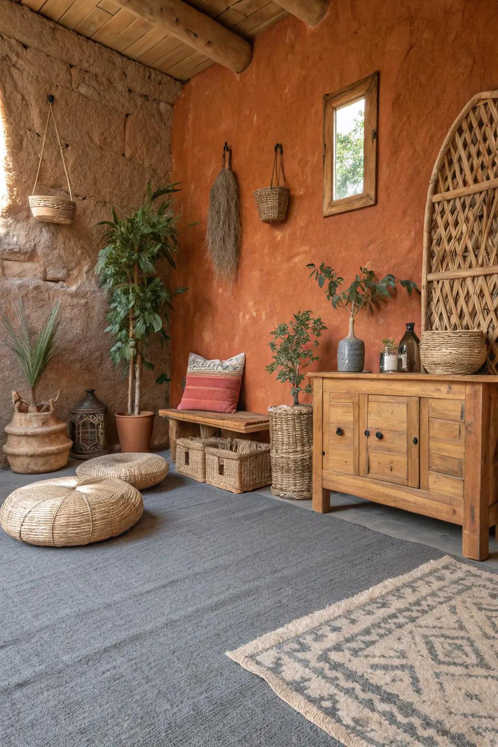 Terracotta walls bring earthy warmth to grey carpeted spaces.