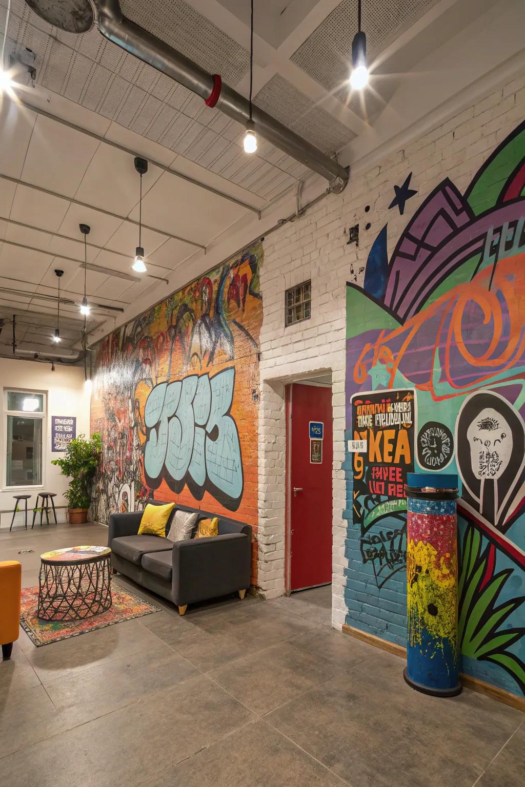 Graffiti accents introduce an urban and artistic edge.