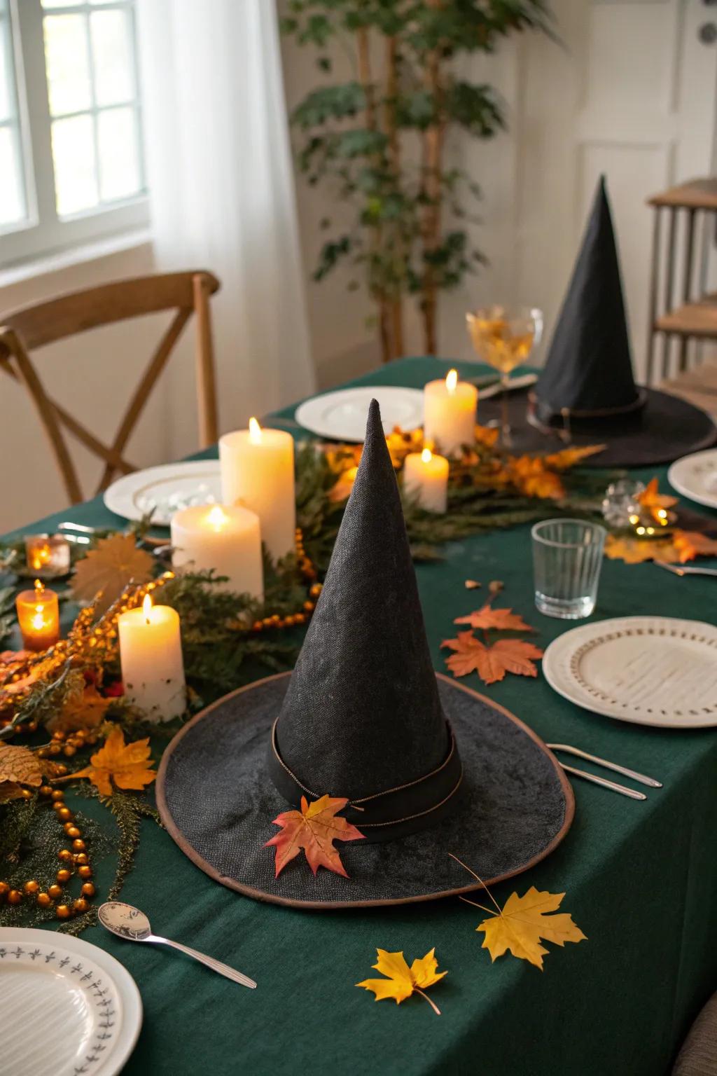 Witch hat centerpieces add magic to dinner settings