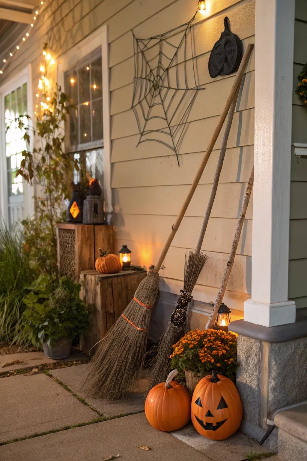 Broomsticks add a whimsical witchy touch to this porch.