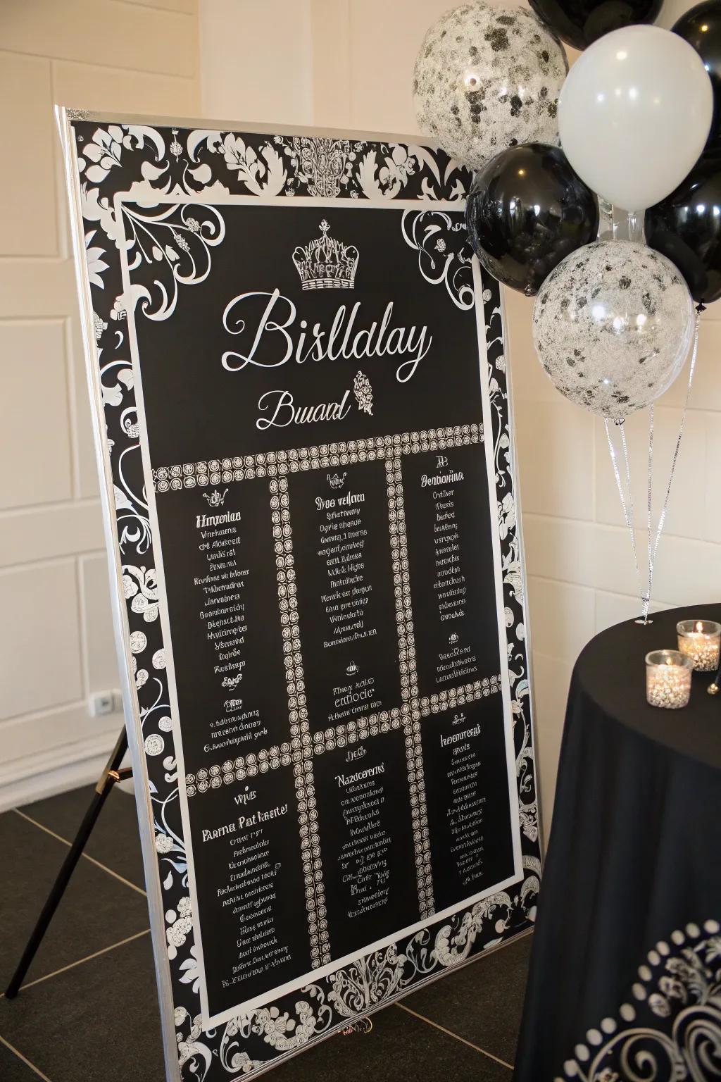 A timeless black and white birthday board with elegant charm.