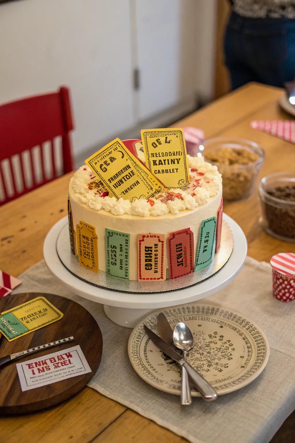 Edible cinema tickets make this cake both fun and interactive.