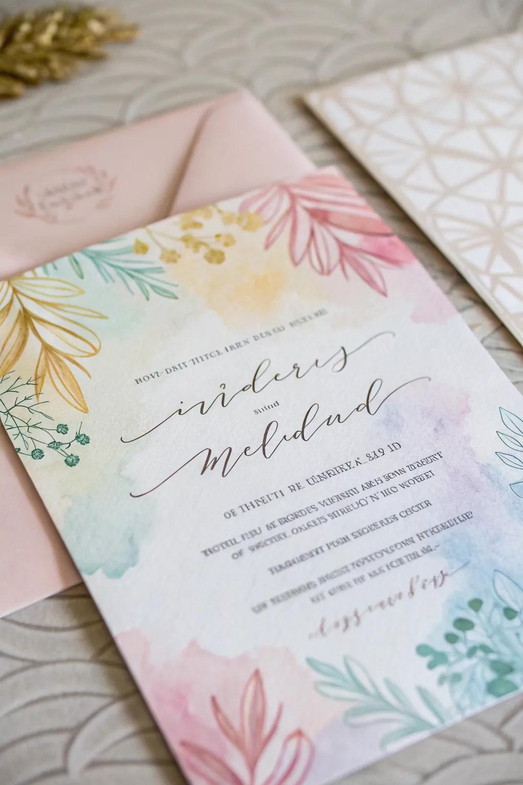 Watercolor designs add an artistic flair to your invites.