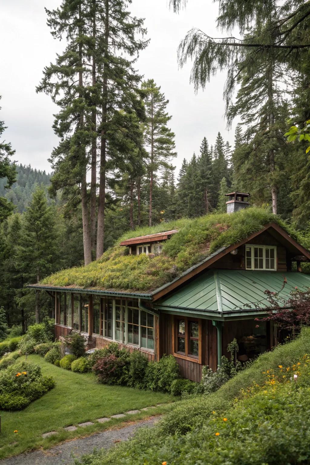 A verdant-roofed house blending into the forest environment.