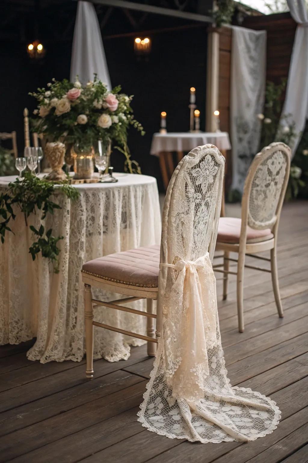 Timeless grace with classic fine netting chair wraps.