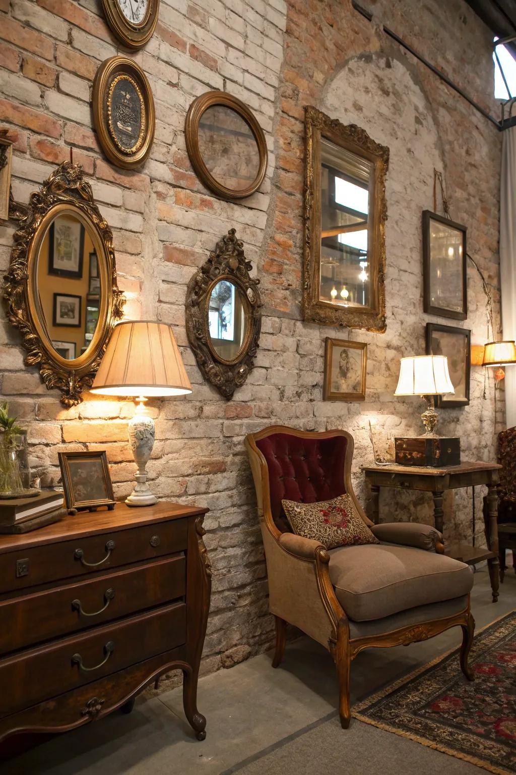 A vintage-themed room with a brick facade and classic decor, exuding timeless charm.