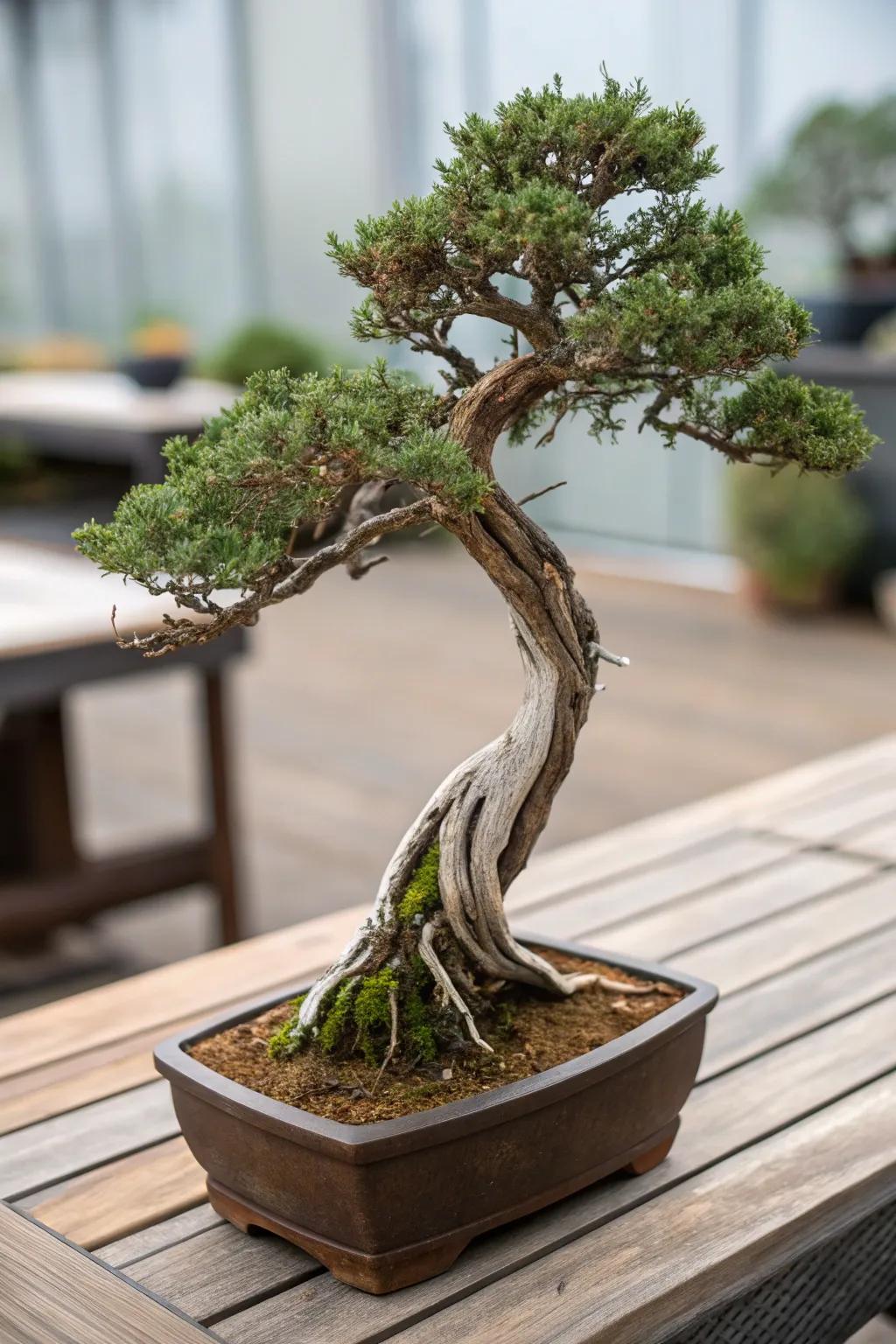 A shari style juniper bonsai showcasing its dramatic exposed wood.