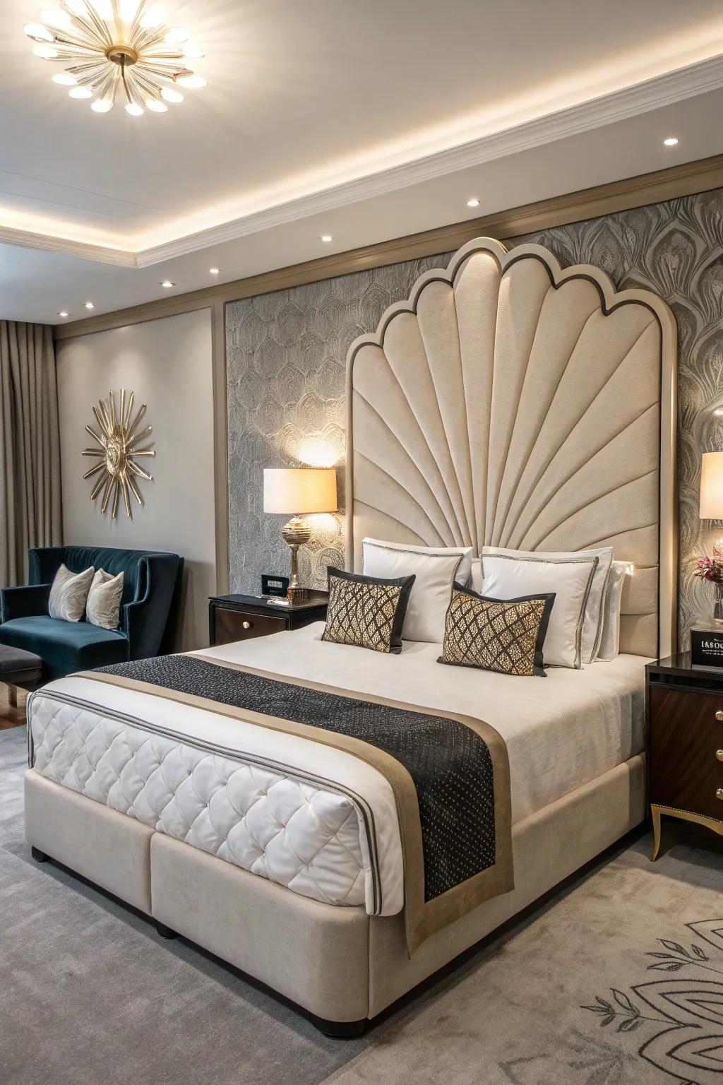 A striking headboard serves as the focal point for this king-sized bed.