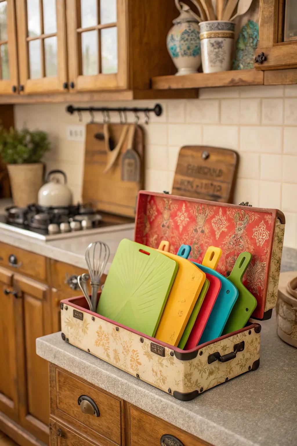 An antique implement container delivers a playful stowage solution for prep boards.