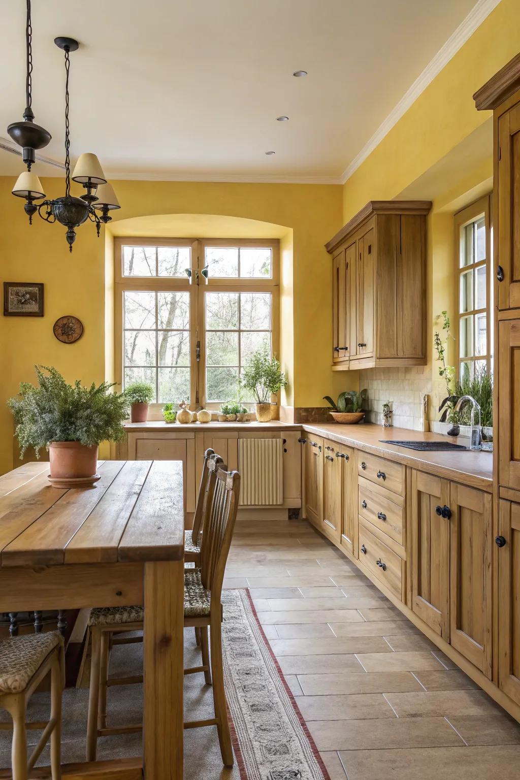 Sunny butter yellow brightens up the kitchen with a warm glow.