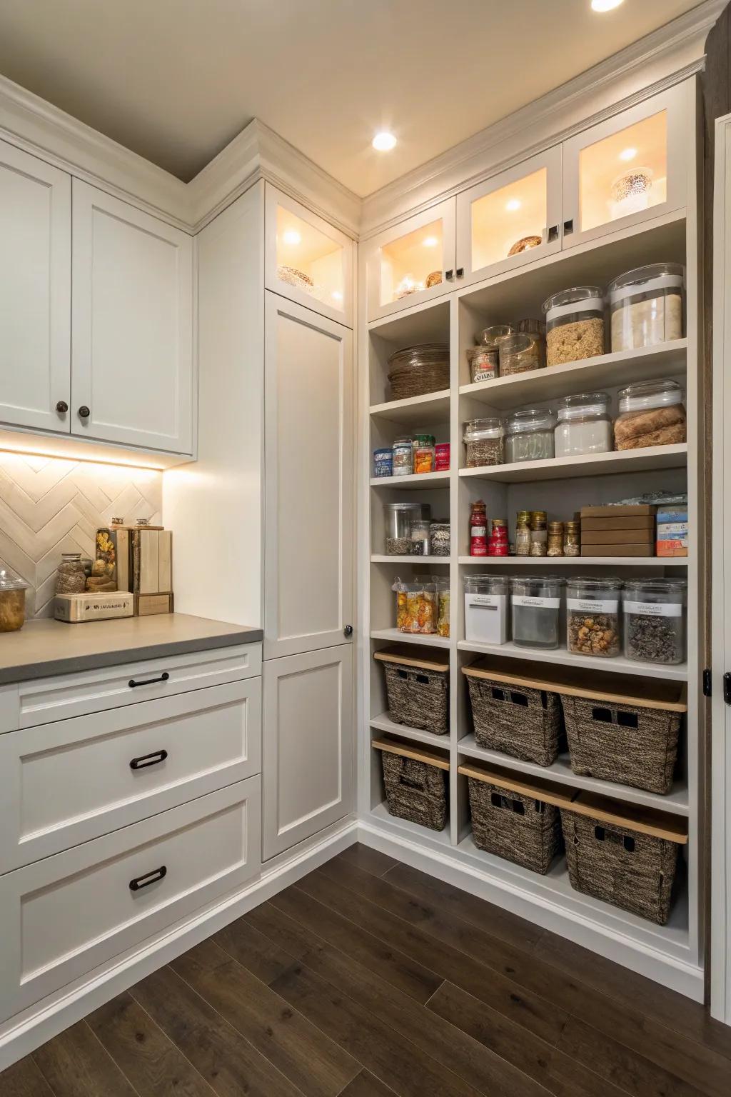 A walk-in pantry in the corner amplifies storage and accessibility.