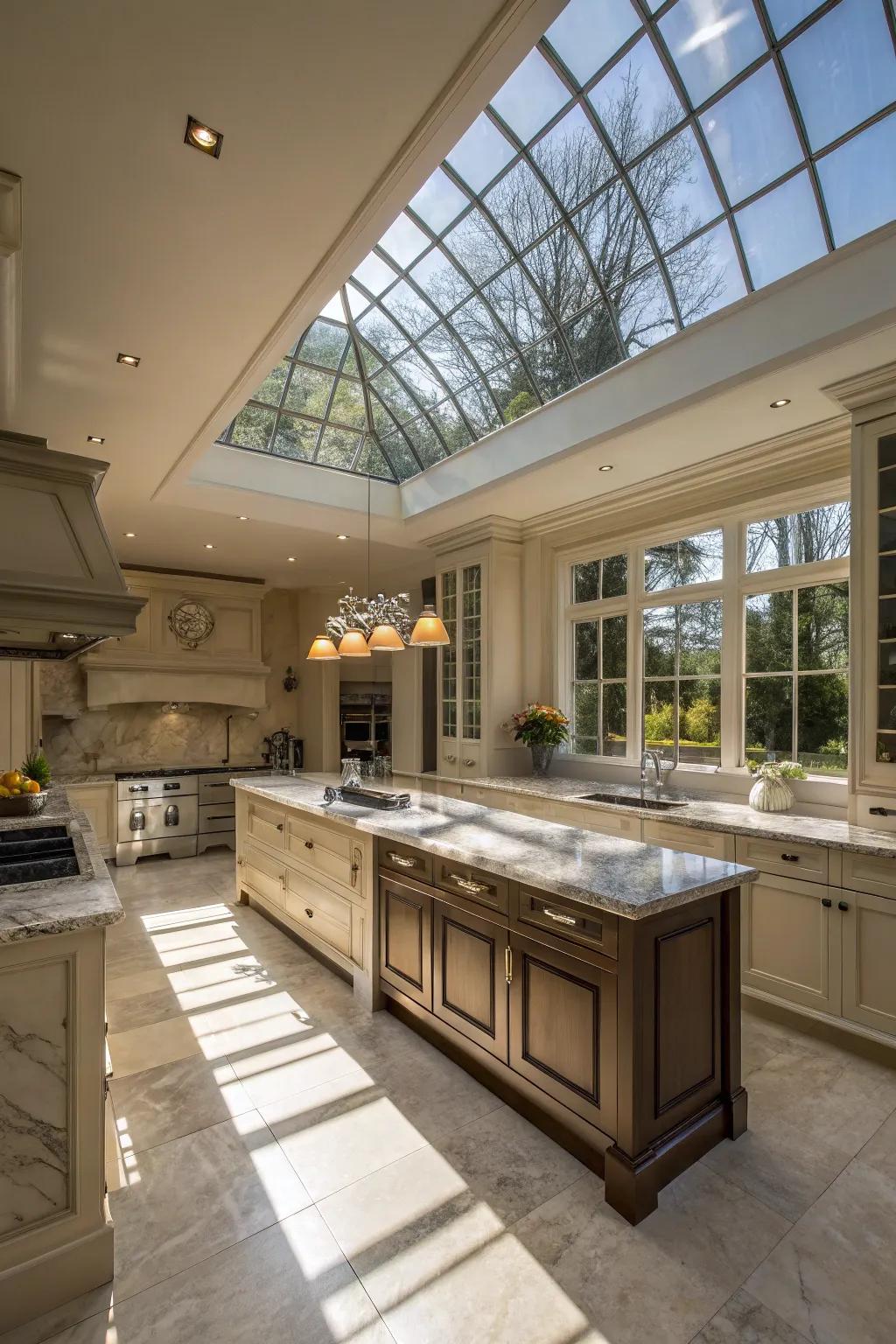 A skylight adds a touch of luxury to this elegant kitchen.