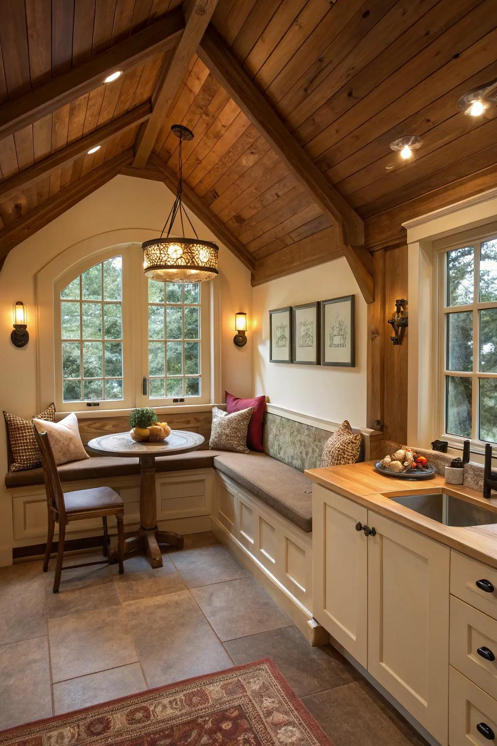 A cozy nook provides a perfect relaxation spot in this welcoming kitchen.