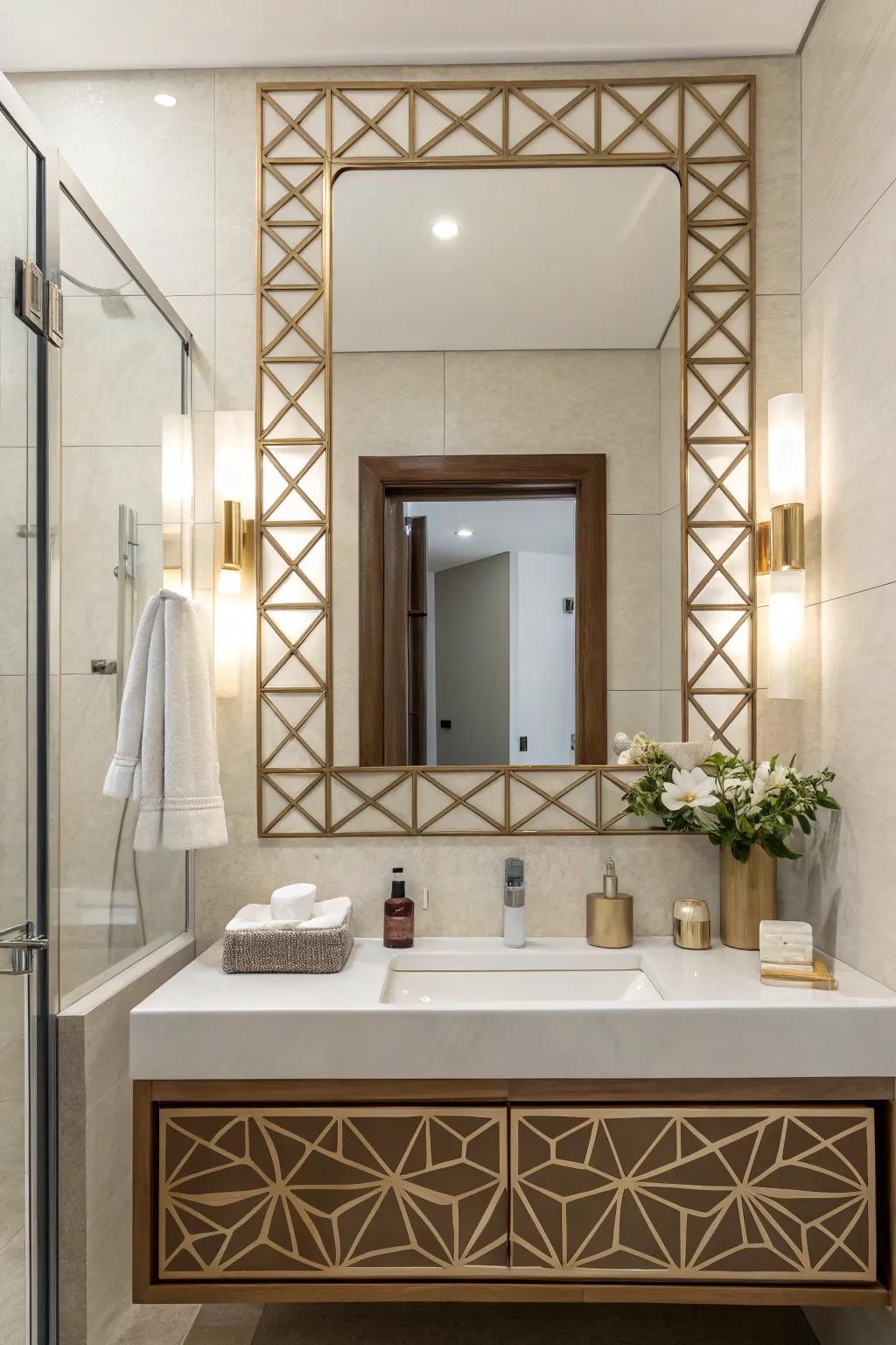 Geometric frames add a modern twist to bathroom mirrors.