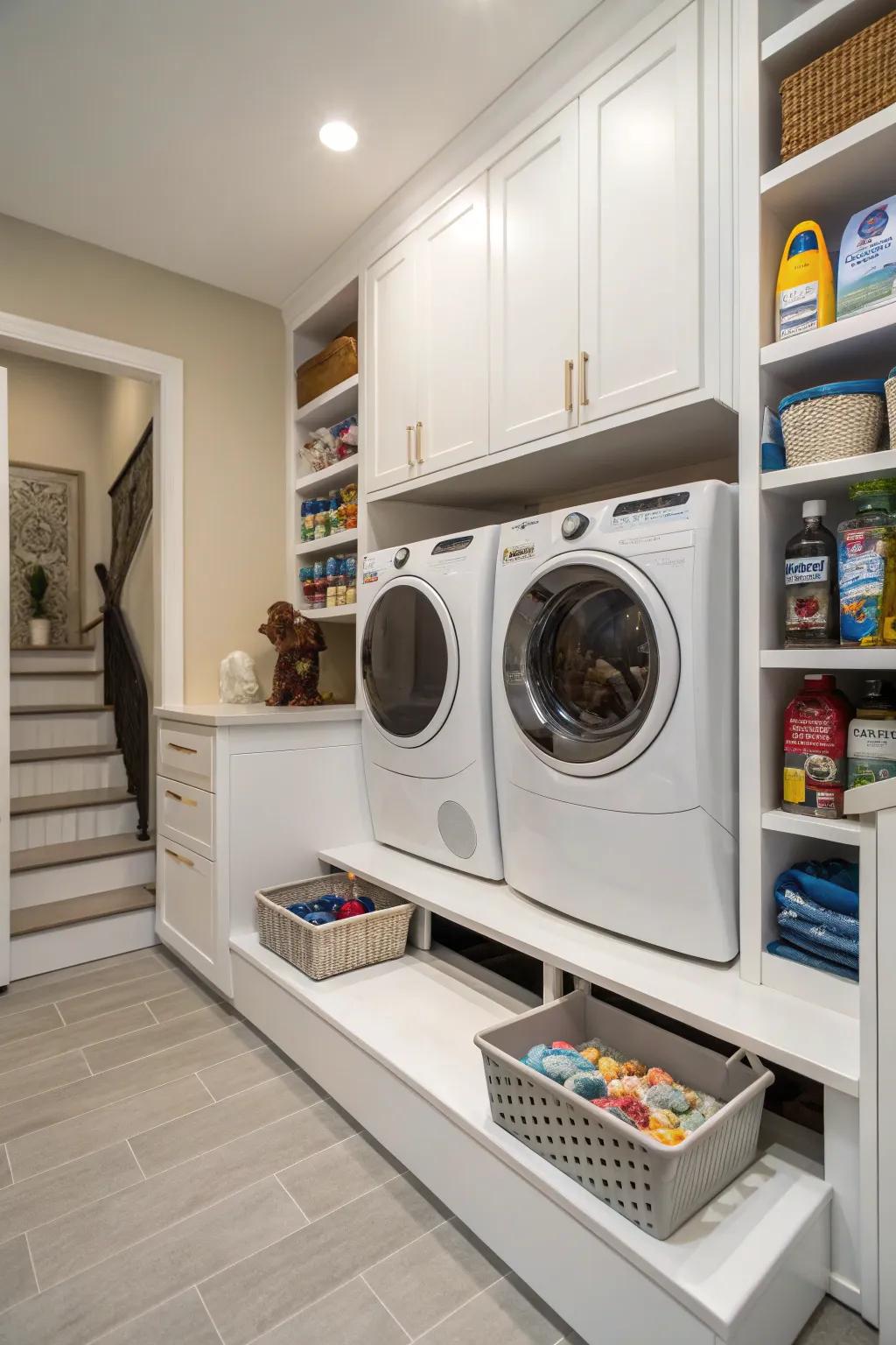 Pet-friendly design elevates appliances and creates useful storage.