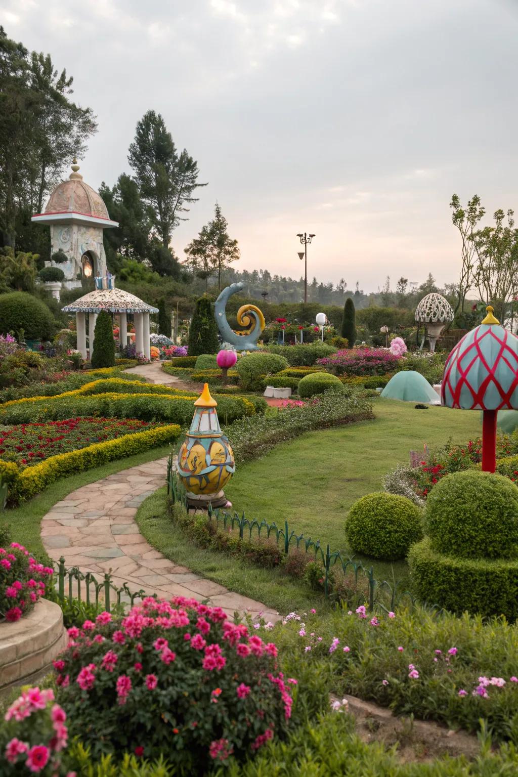 Artistic lawn ornaments contribute charm and character to the garden.