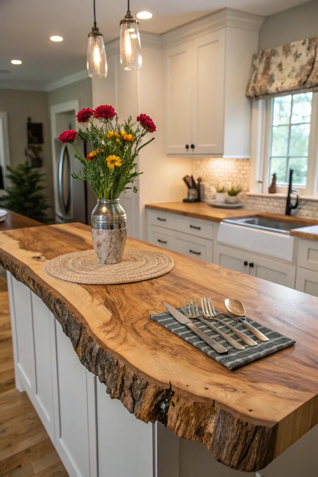 A custom-shaped live edge countertop tailored to a unique kitchen space.