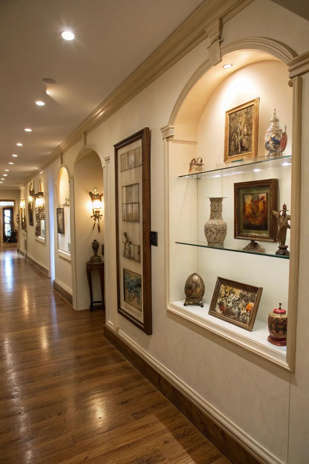 Wall recesses provide ideal locations for exhibiting art and collectibles.