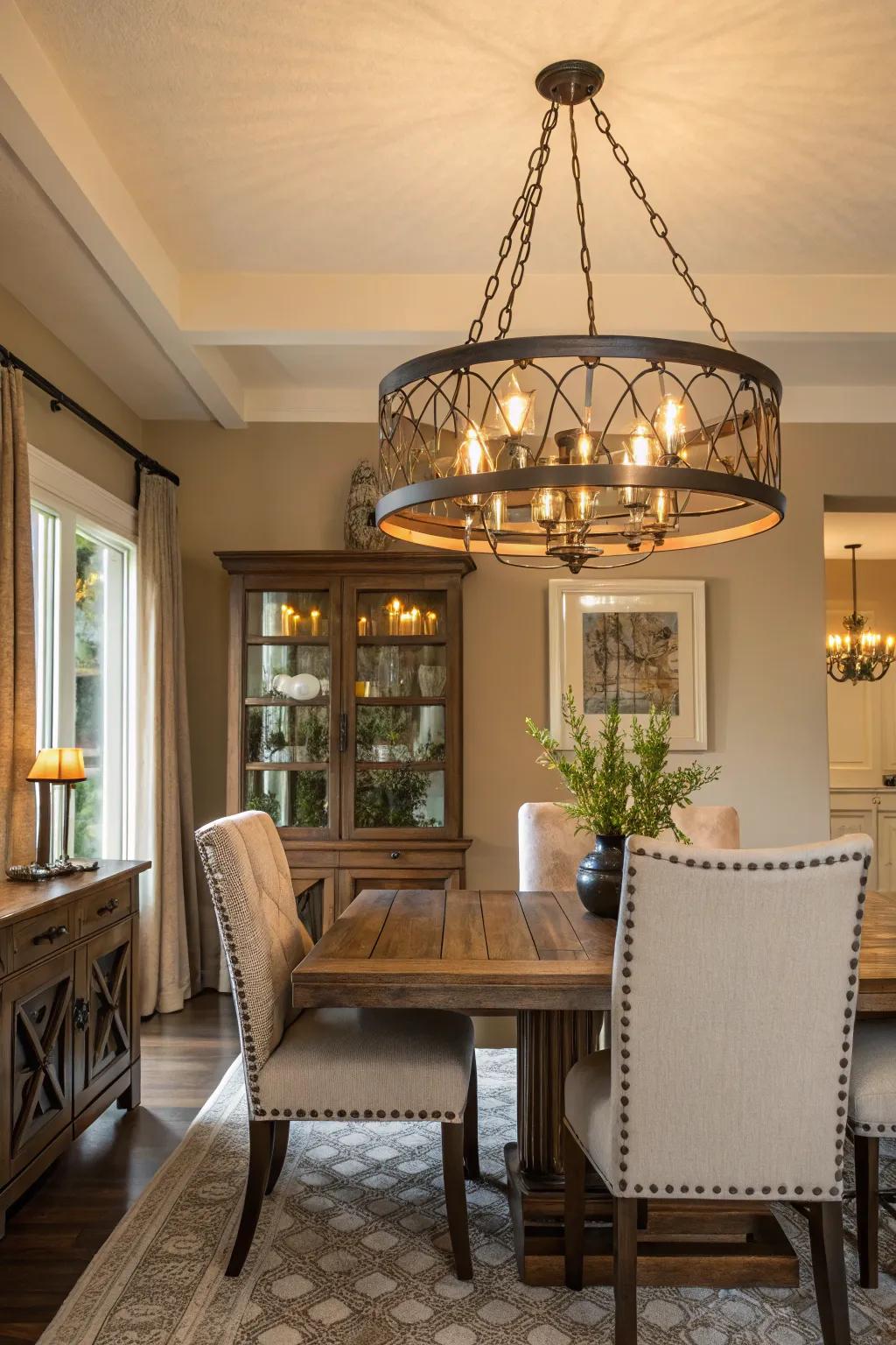 A mixed metal fixture adding texture in a dining room.