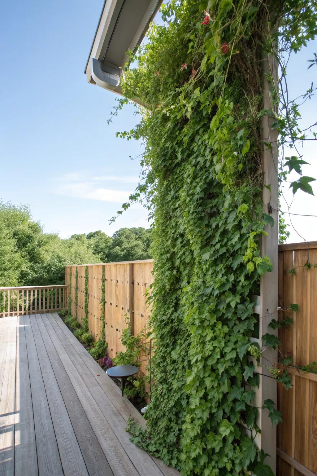 A vertical garden with climbing plants enhancing the deck area.