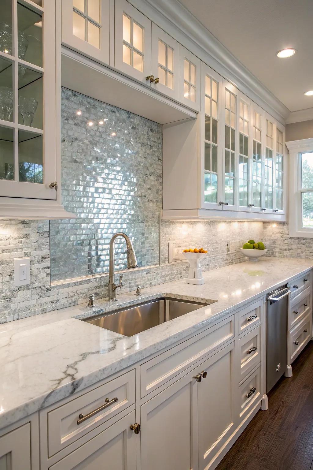 A sophisticated kitchen featuring a fusion of stone and glass tiles.